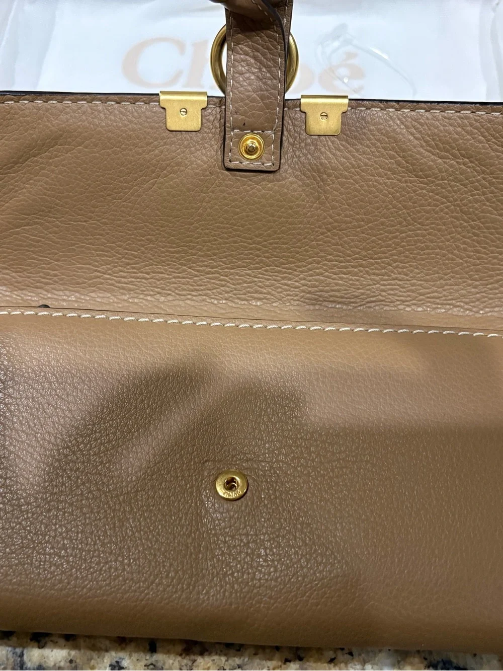 Chloé Tan Leather Foldover Wallet with Gold Accent